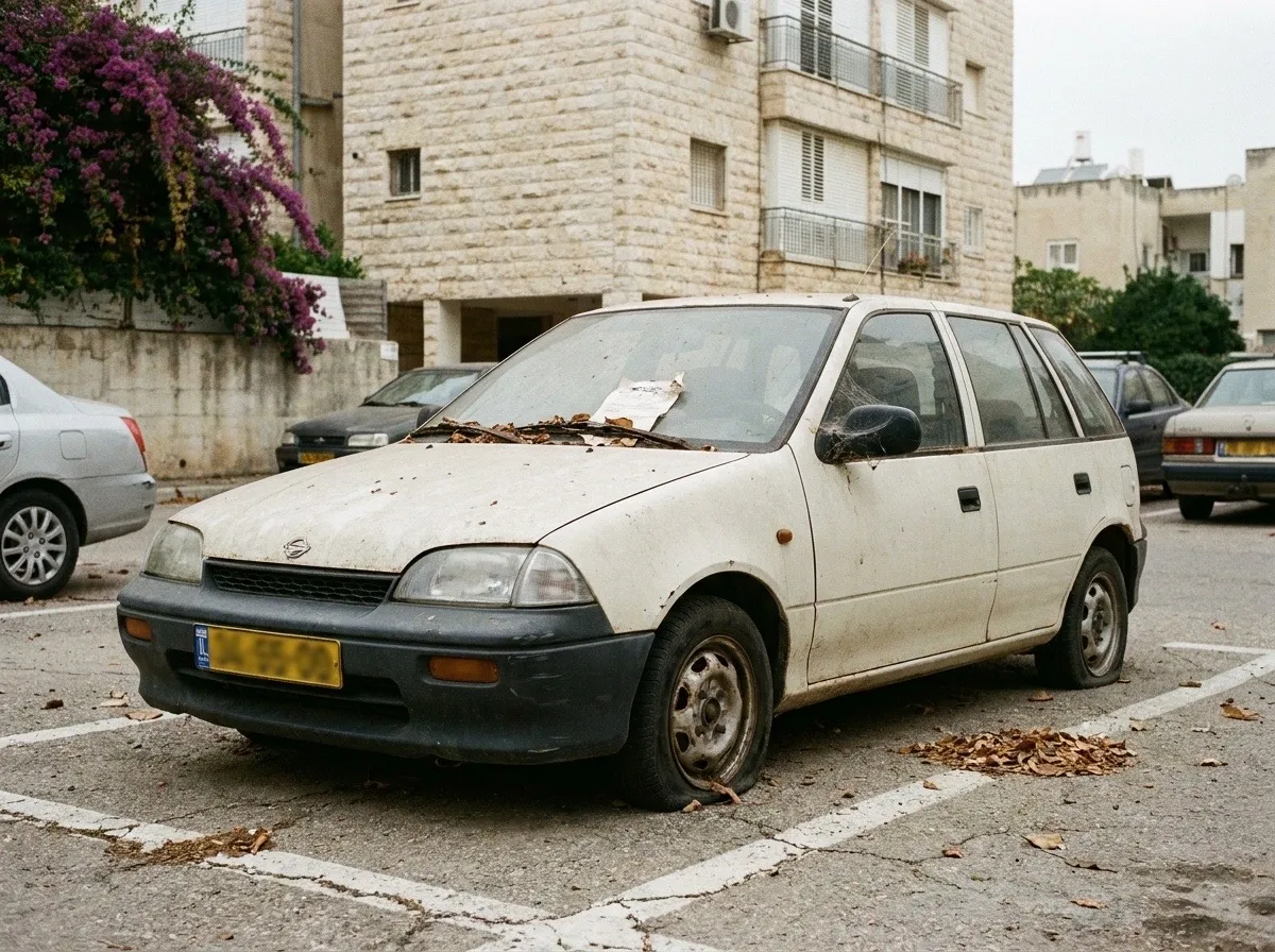 רכב ישן עומד בחניה עם צמיג מנוקב ואבק על השמשה